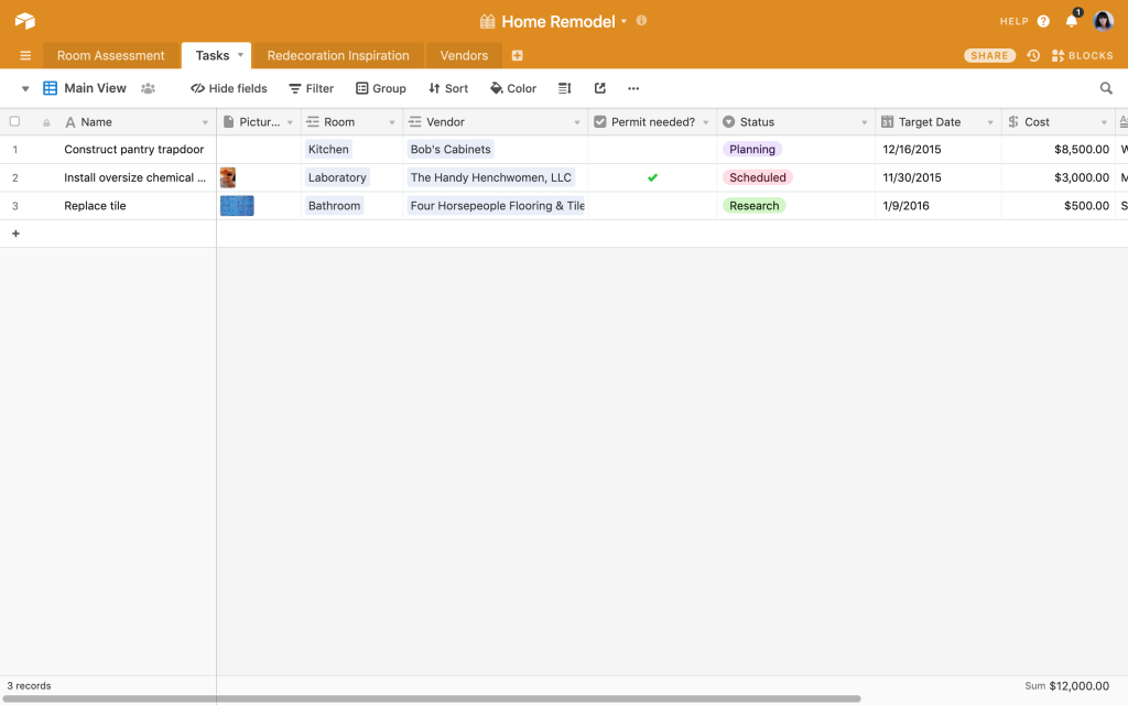 using Airtable to organize home remodel