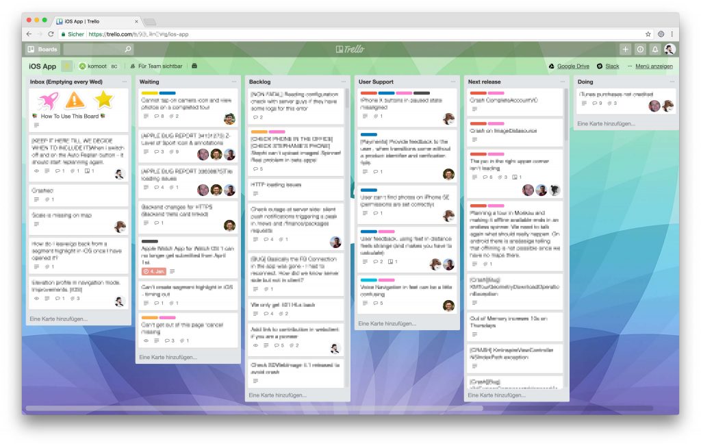 Trello board and cards