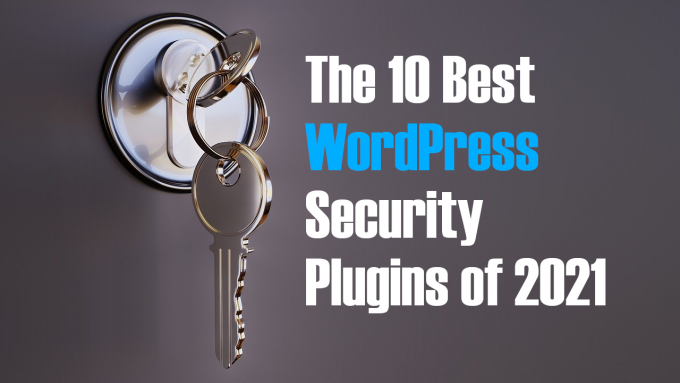 A lock and key on a gray background, with the words "10 Best WordPress Security Plugins" written in white and blue text