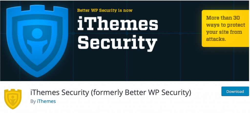 Banner for iThemes Security, with the promise of "30 ways to protect your site from attacks"