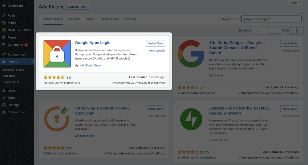 The Google Apps Login plugin install screen.