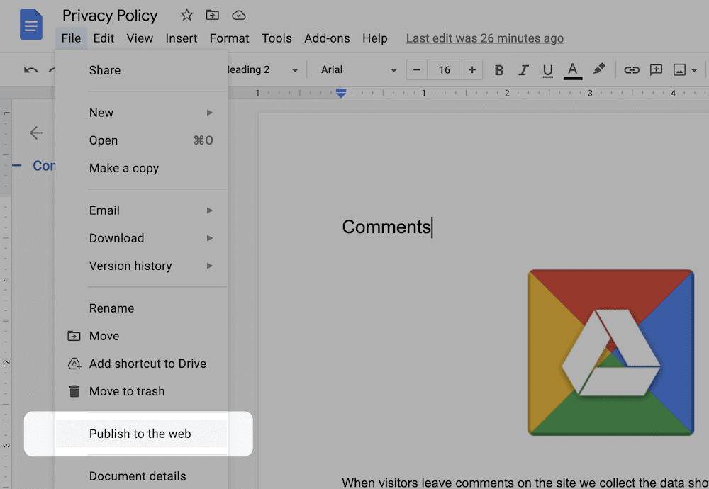 The Publish to the web option in Google Docs.