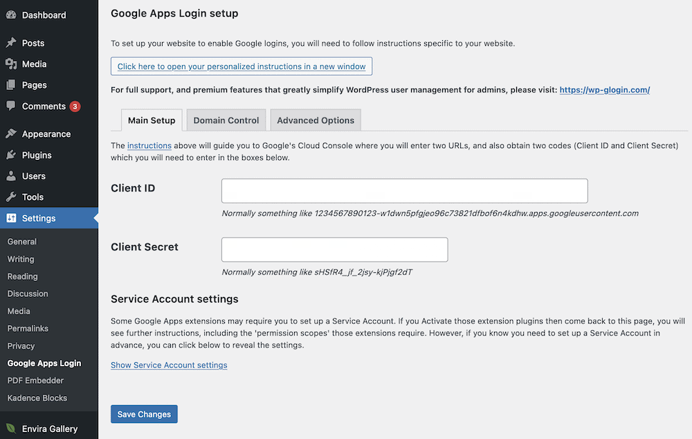 The Google Apps Login setup screen.