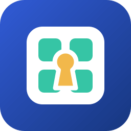 App icon featuring a white rounded square with a yellow keyhole over four teal blocks on a blue gradient background, suggesting security or access control